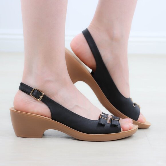 Black Slingback Wedge Sandals Women’s Open Toe Gold Buckle Comfort 2” Heel - Picture 7 of 16